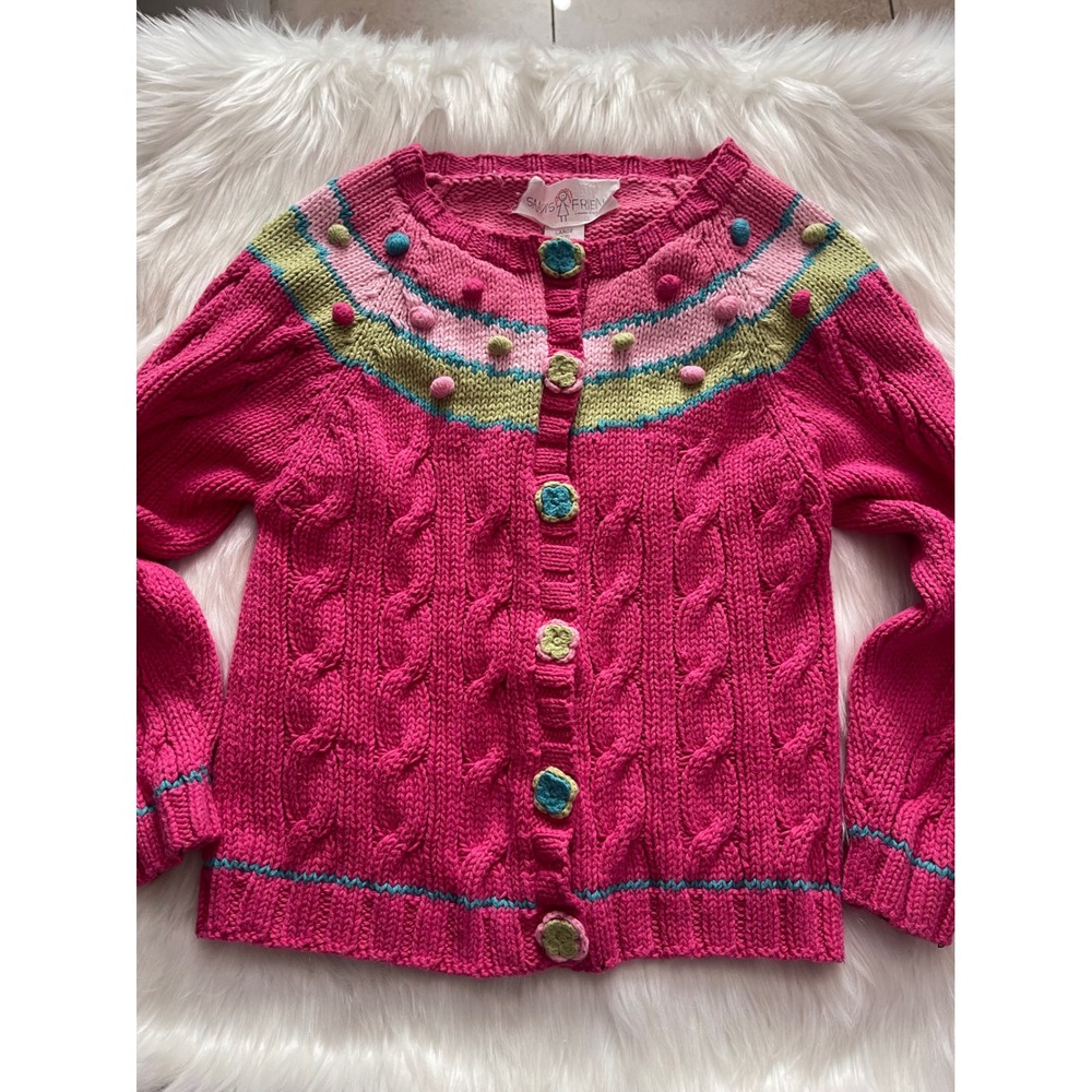 Sam's Friend Girl's Pink Cable Knit Cardigan Floral Buttons Size Large 6/7 Used